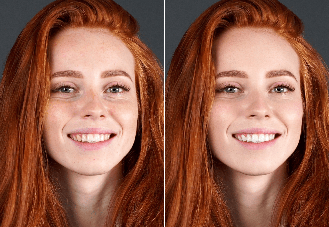 Retrato de una mujer — antes y después del retoque de piel con IA (Retouch4me)