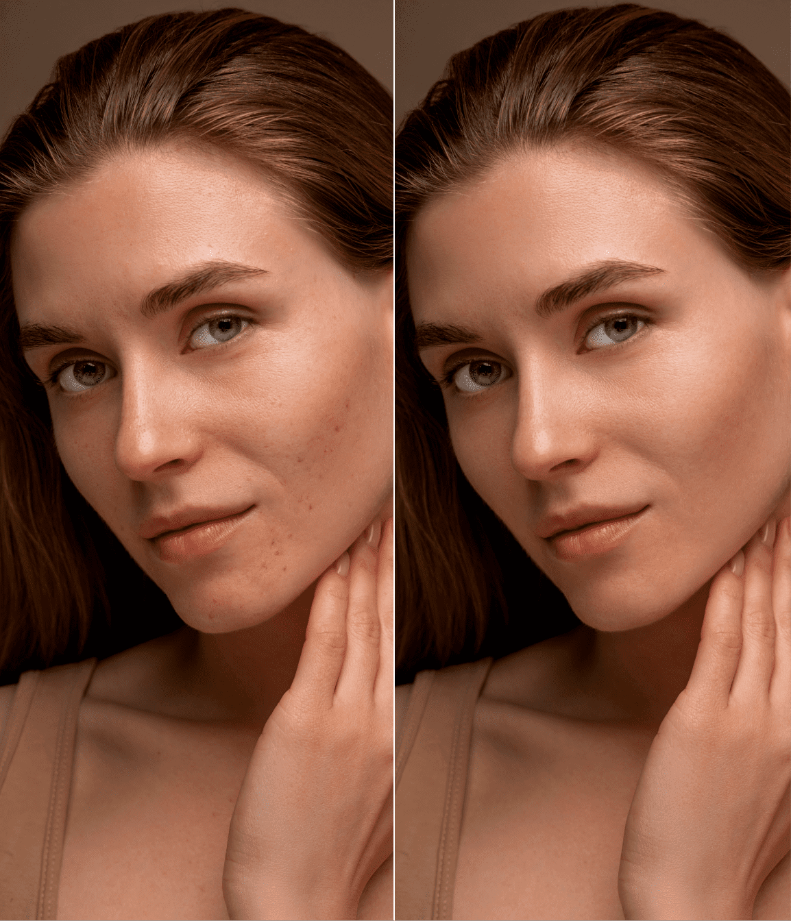 Retrato de una mujer — antes y después del retoque de piel con IA (Retouch4me)