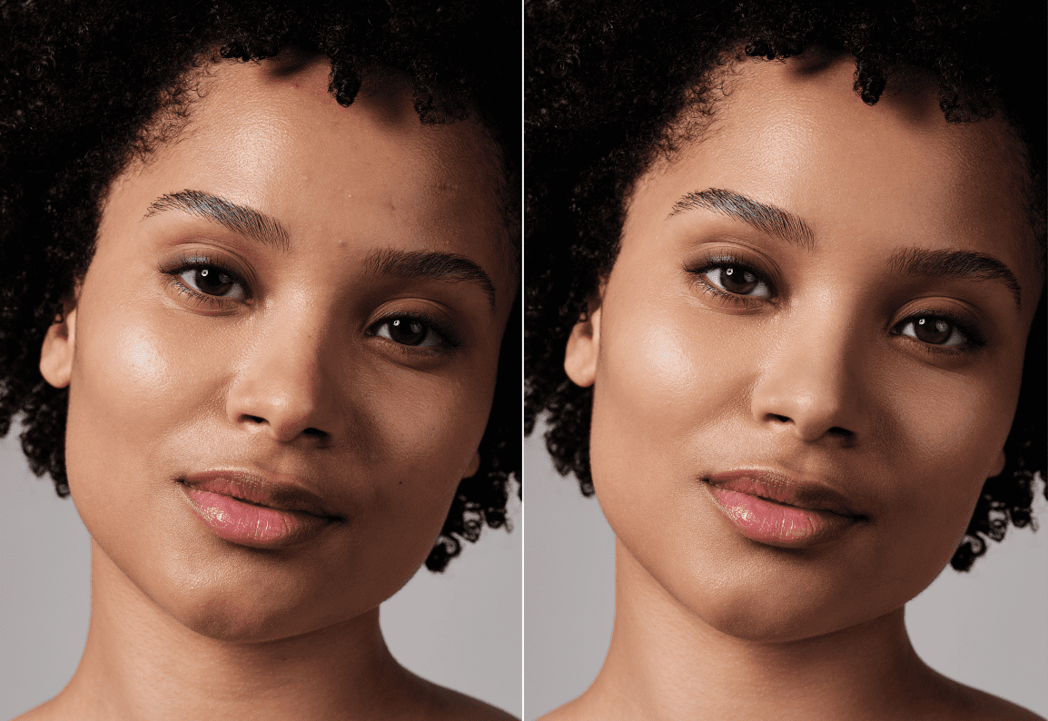 Retrato de una mujer — antes y después del retoque de piel con IA (Retouch4me)