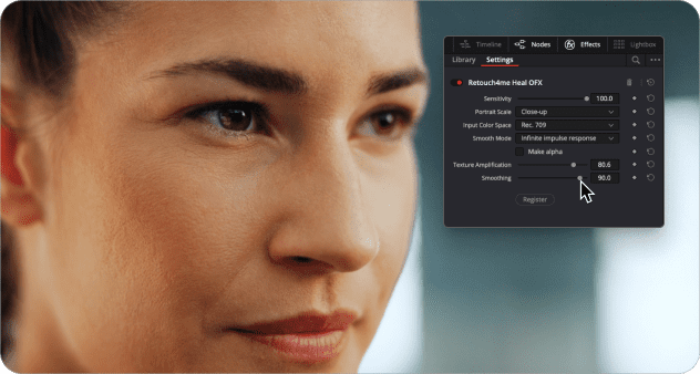Il risultato del ritocco automatico della pelle con il plugin retouch4me Heal Video per DaVinci Resolve.