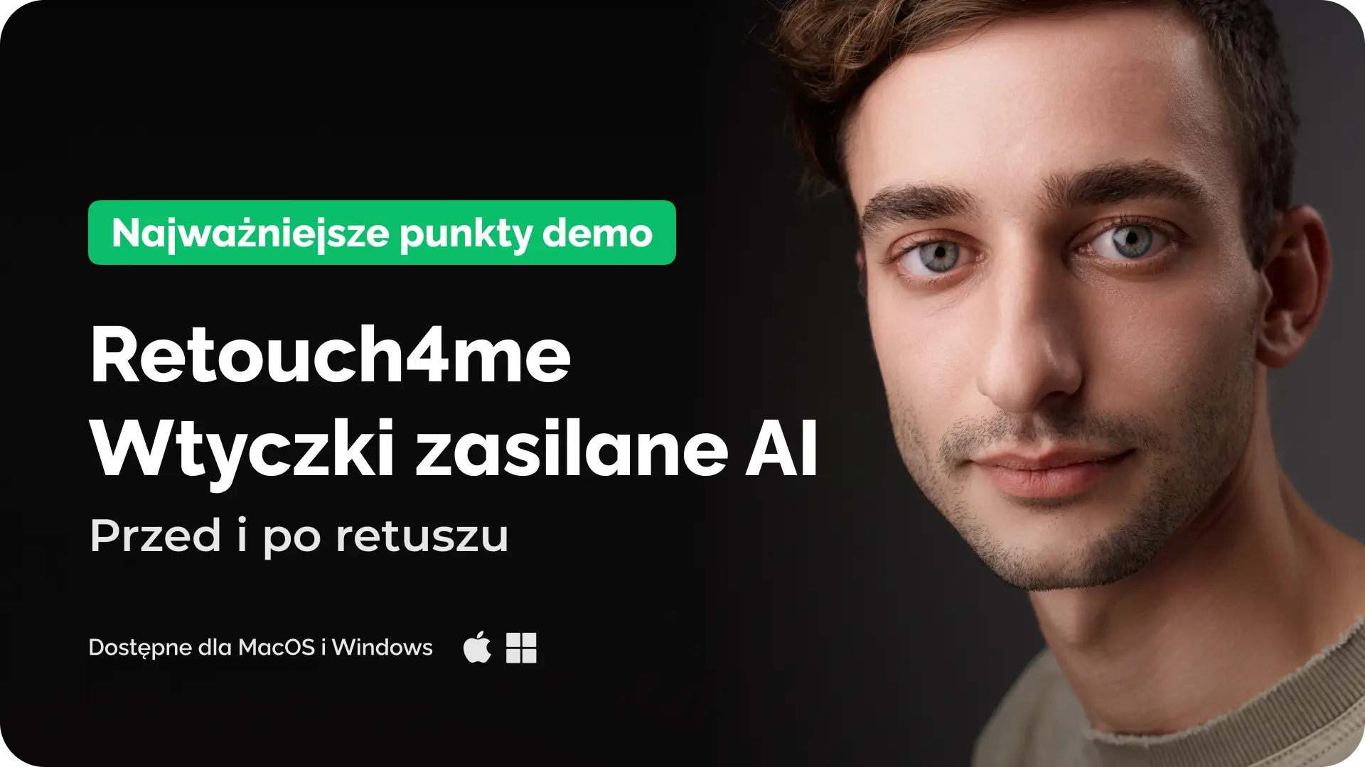 Prezentacja wideo — przed i po retuszu skóry AI (Retouch4me)