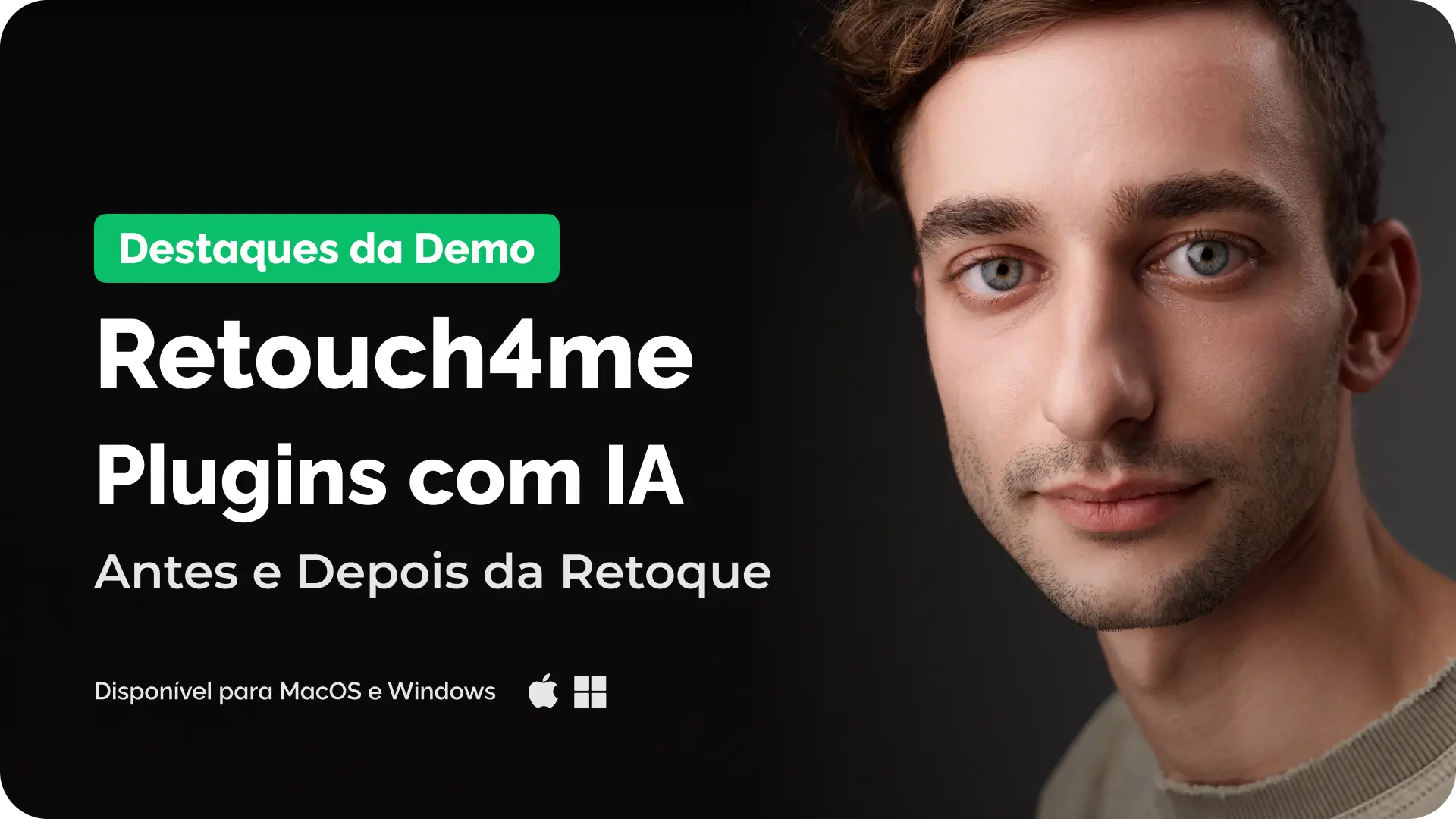 Visão geral em vídeo — antes e depois do retoque de pele com IA (Retouch4me)